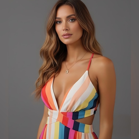 Striped Crisscross Tie Backless Split Thigh Cami Dress - Picture 2 of 10